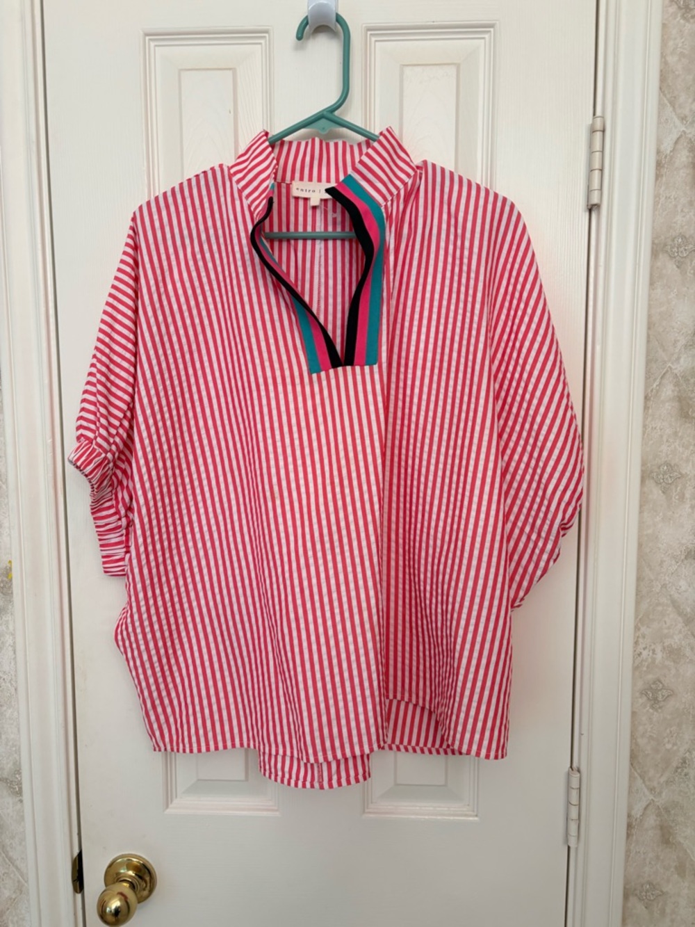 Pink and White Striped Popover Top with Contrasting Neck Trim